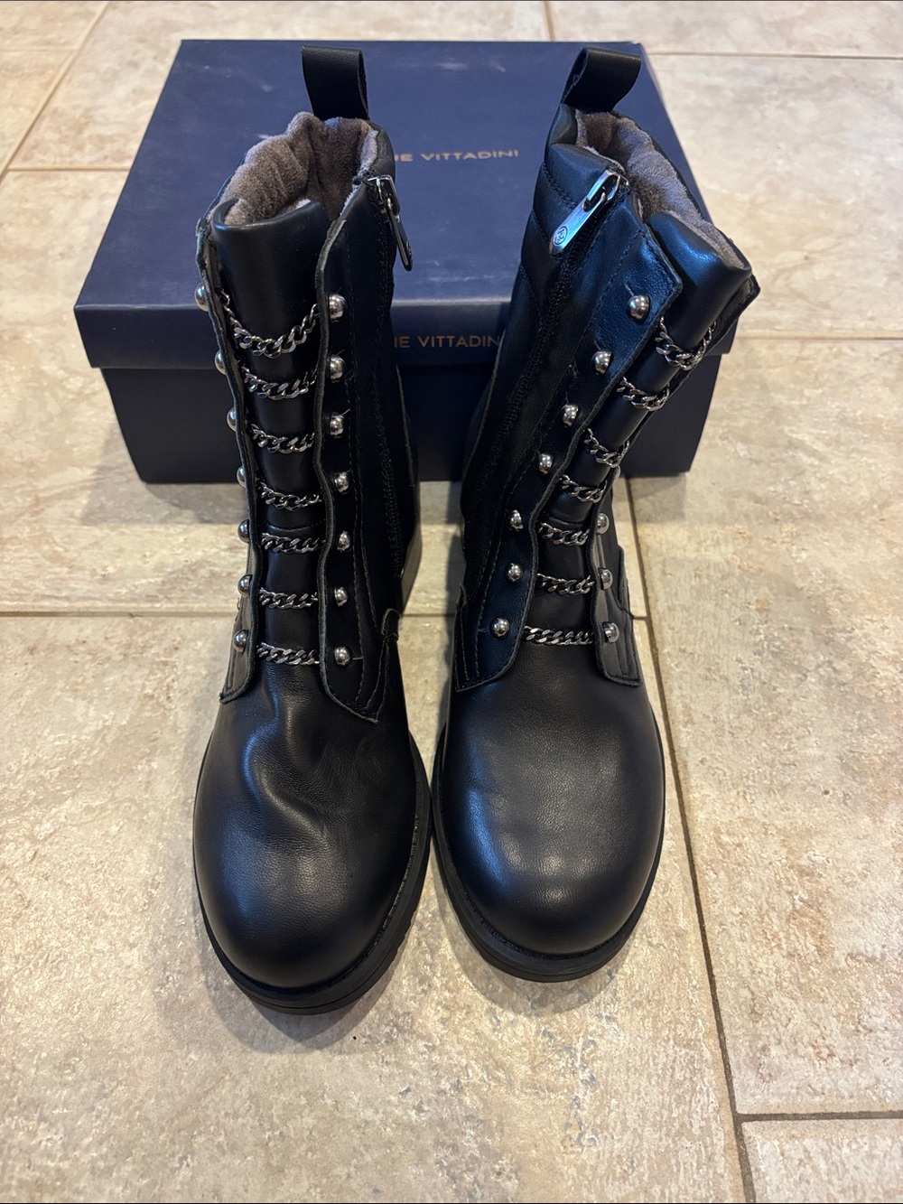 Adrienne Vittadini Black Lace-Up Chain Detail Combat Boots